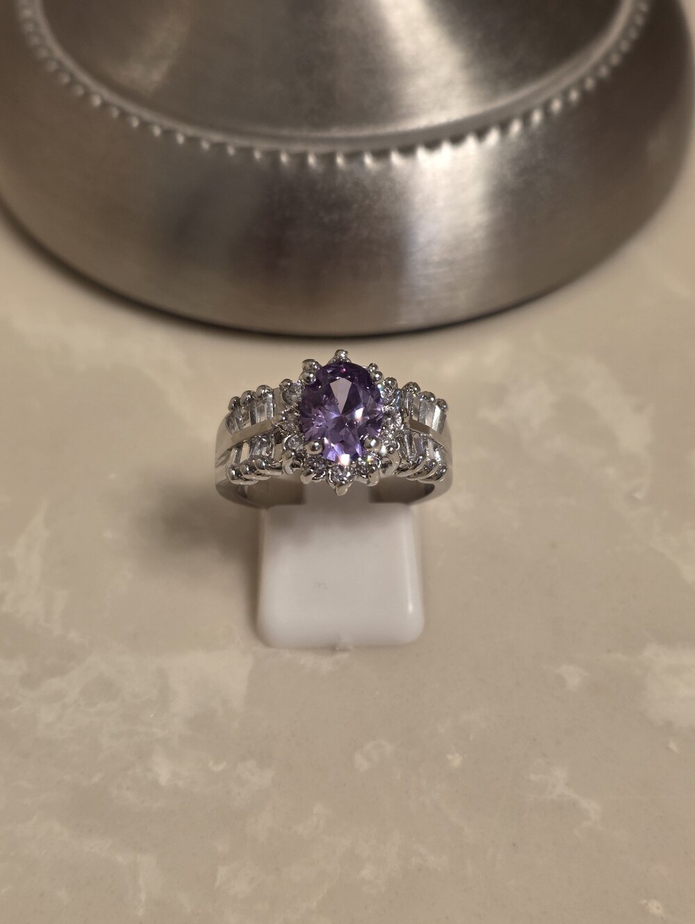 10KT White Gold Plated CZ and Amethyst Ring Size 8